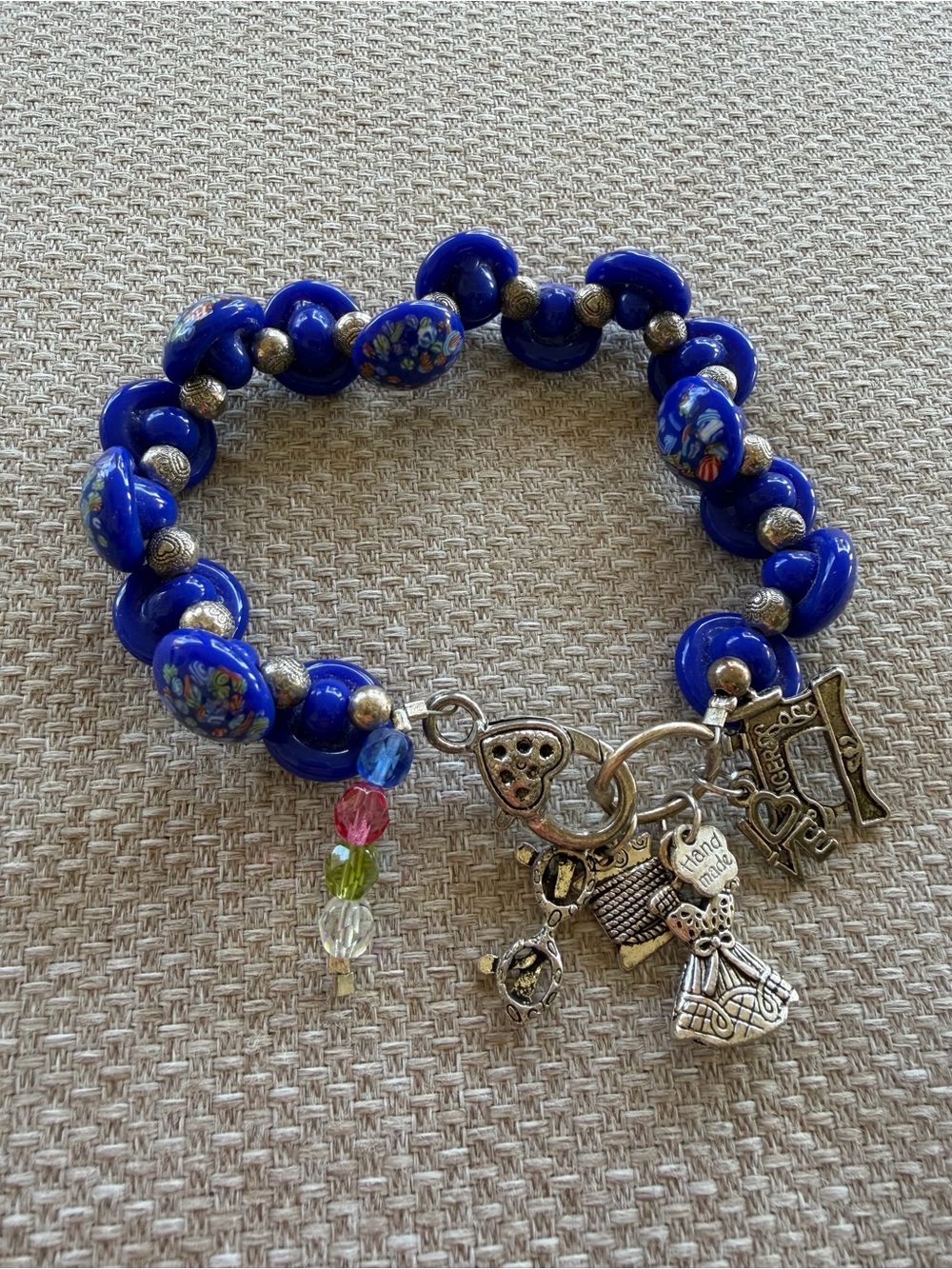 Multi Charm Beaded Vintage Buttons Bracelet Sewing Themed Charms